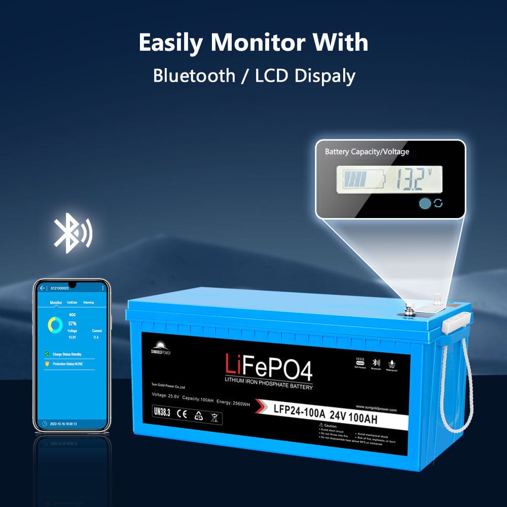 SunGoldPower 24V 100Ah LiFePO4 Deep Cycle Lithium Battery Bluetooth Self-Heating IP65