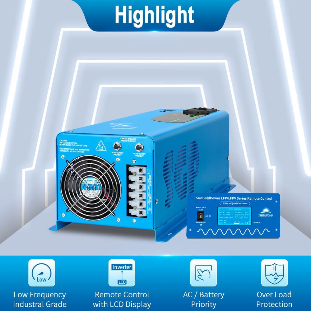 SunGoldPower 4000W Peak (12000W) DC 12V Split Phase Pure Sine Wave Inverter With Charger