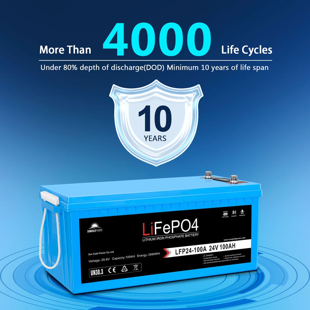 SunGoldPower 24V 100Ah LiFePO4 Deep Cycle Lithium Battery Bluetooth Self-Heating IP65