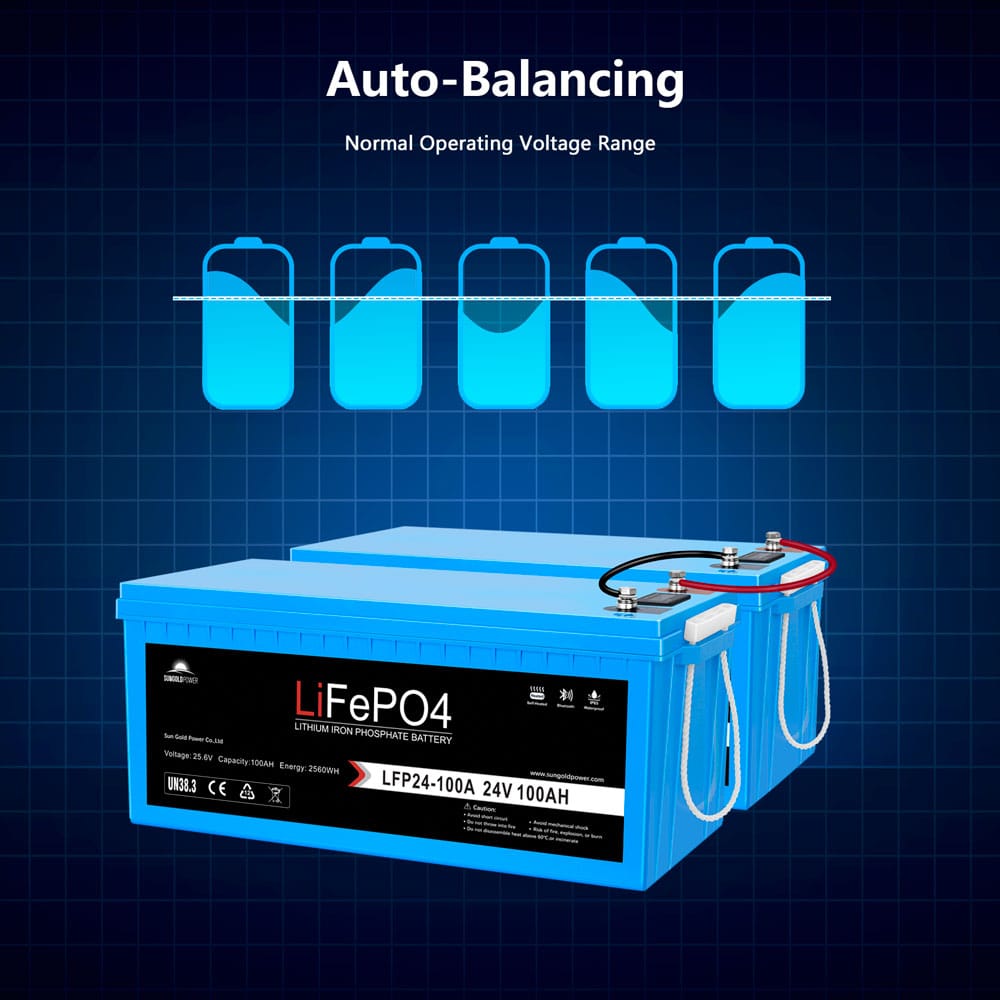 SunGoldPower 24V 100Ah LiFePO4 Deep Cycle Lithium Battery Bluetooth Self-Heating IP65