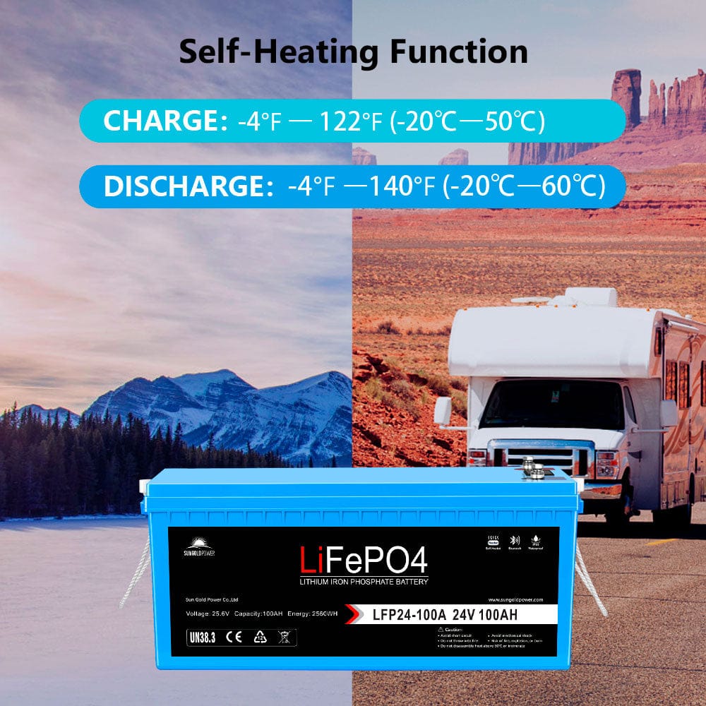 SunGoldPower 24V 100Ah LiFePO4 Deep Cycle Lithium Battery Bluetooth Self-Heating IP65