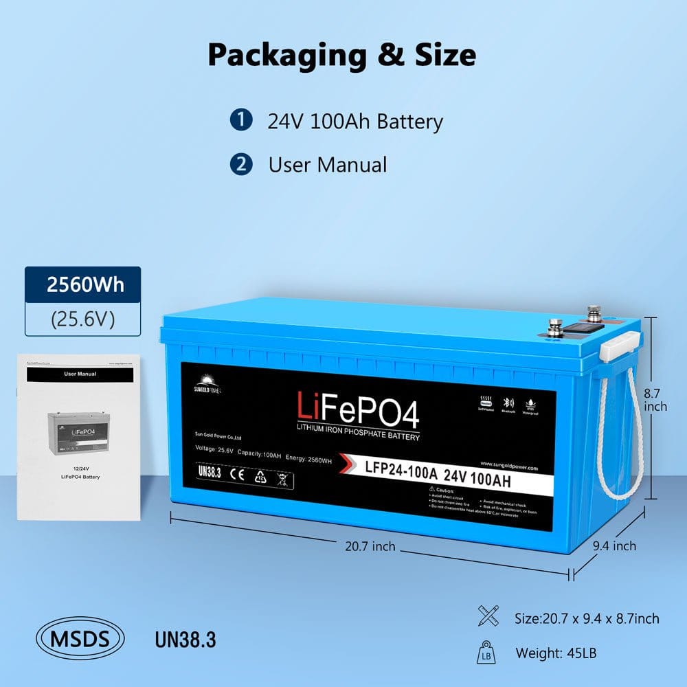 SunGoldPower 2 X 24V 100Ah LiFePO4 Deep Cycle Lithium Battery Bluetooth / Self-Heating / IP65
