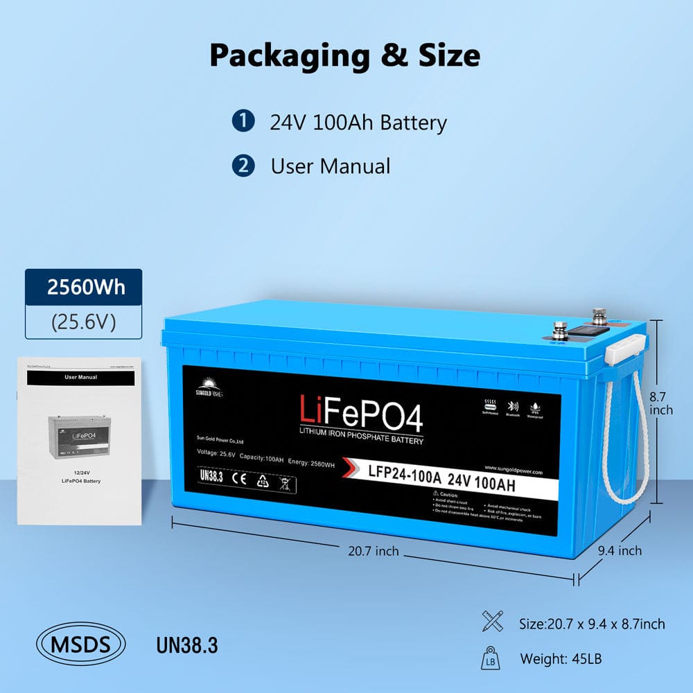 SunGoldPower 24V 100Ah LiFePO4 Deep Cycle Lithium Battery Bluetooth Self-Heating IP65