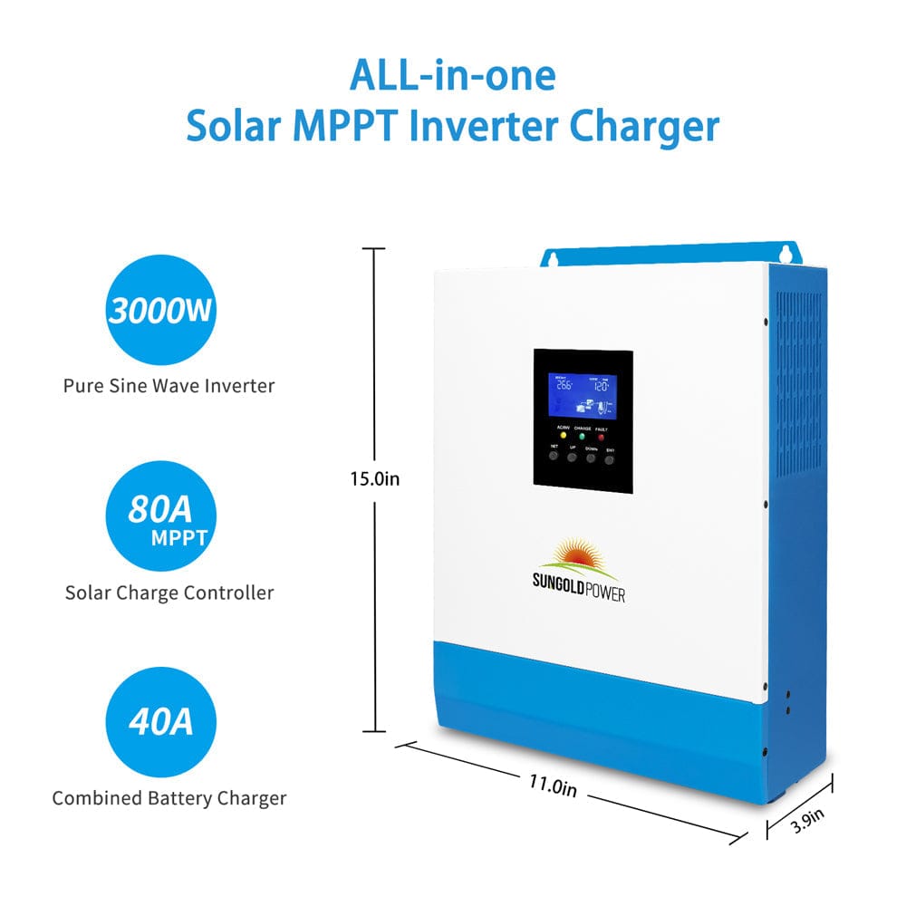 SunGoldPower 3000W 24V Solar Inverter Charger – Pure Sine Wave Inverter with MPPT Solar & AC Charger