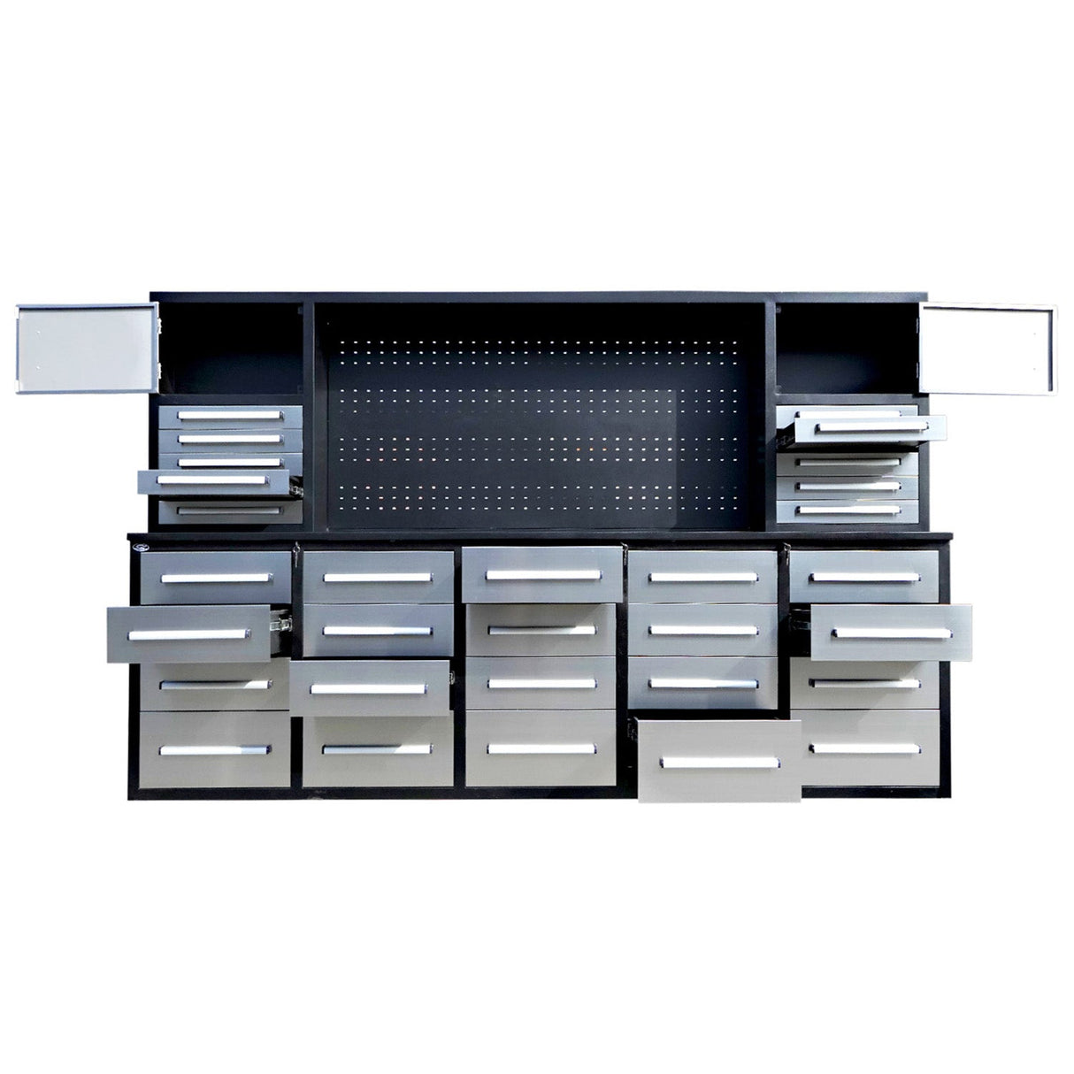 Chery Industrial 10ft Workbench Cabinet (30 Drawers, 2 Cabinets & 1 Pegboard)