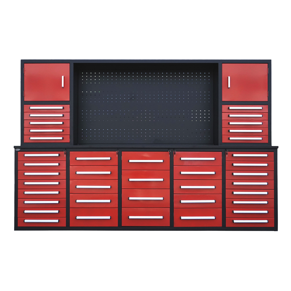 Chery Industrial Steelman 10’ Workbench Cabinet with 40 Drawers, 2 Cabinets & Pegboard Heavy‑Duty Tool Storage WW000217