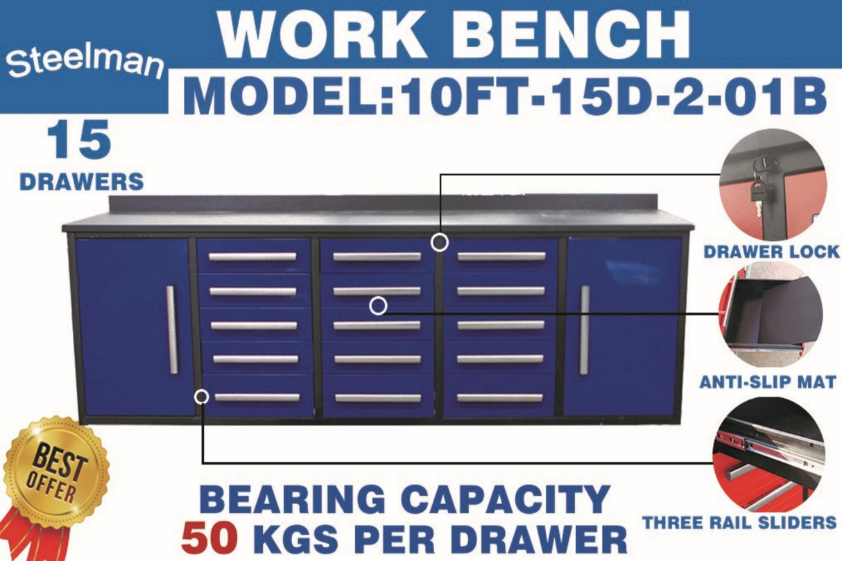 Chery Industrial Steelman 10’ Workbench Storage Cabinet with 15 Drawers & 2 Cabinets Heavy‑Duty Tool Chest