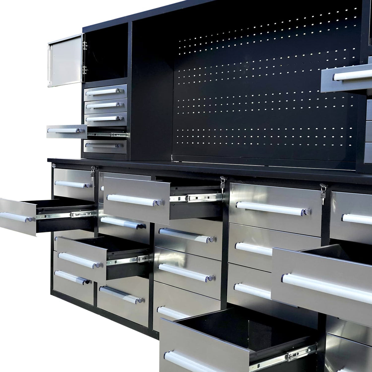 Chery Industrial 10ft Workbench Cabinet (30 Drawers, 2 Cabinets & 1 Pegboard)