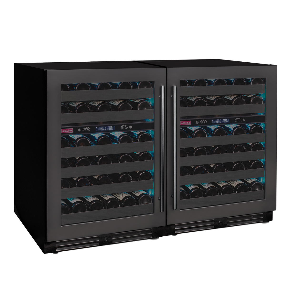 Allavino Reserva Series 100‑Bottle 34″ Tall Four‑Zone Black Stainless Steel Side‑by‑Side Wine Cooler Refrigerator BF 2X‑BDW5034D‑2BS