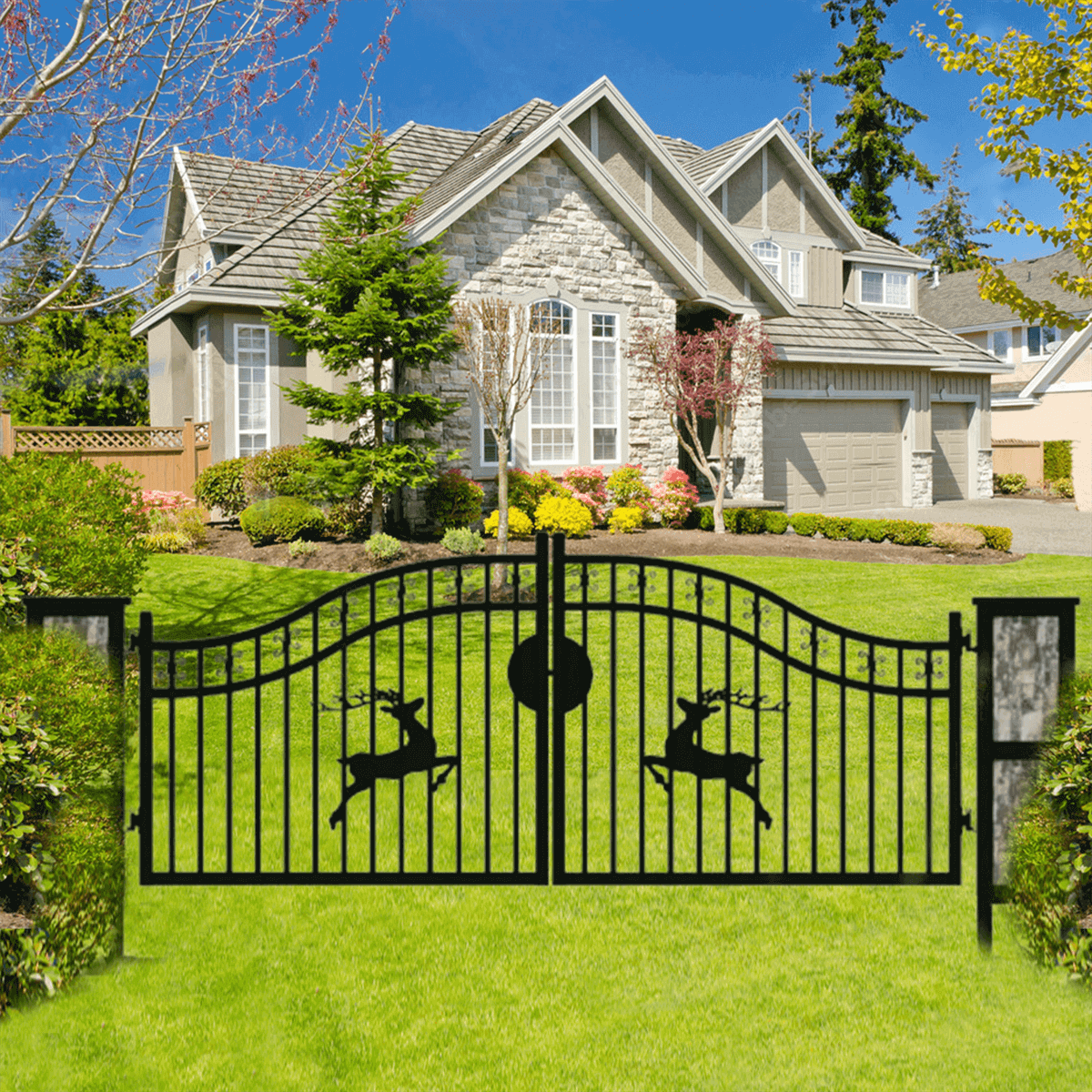 Chery Industrial 20x8 ft Dual Swing Driveway Gate with Ornamental Posts