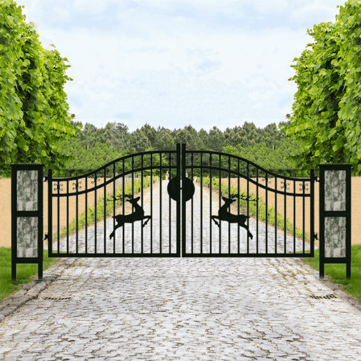 Chery Industrial 20x8 ft Dual Swing Driveway Gate with Ornamental Posts