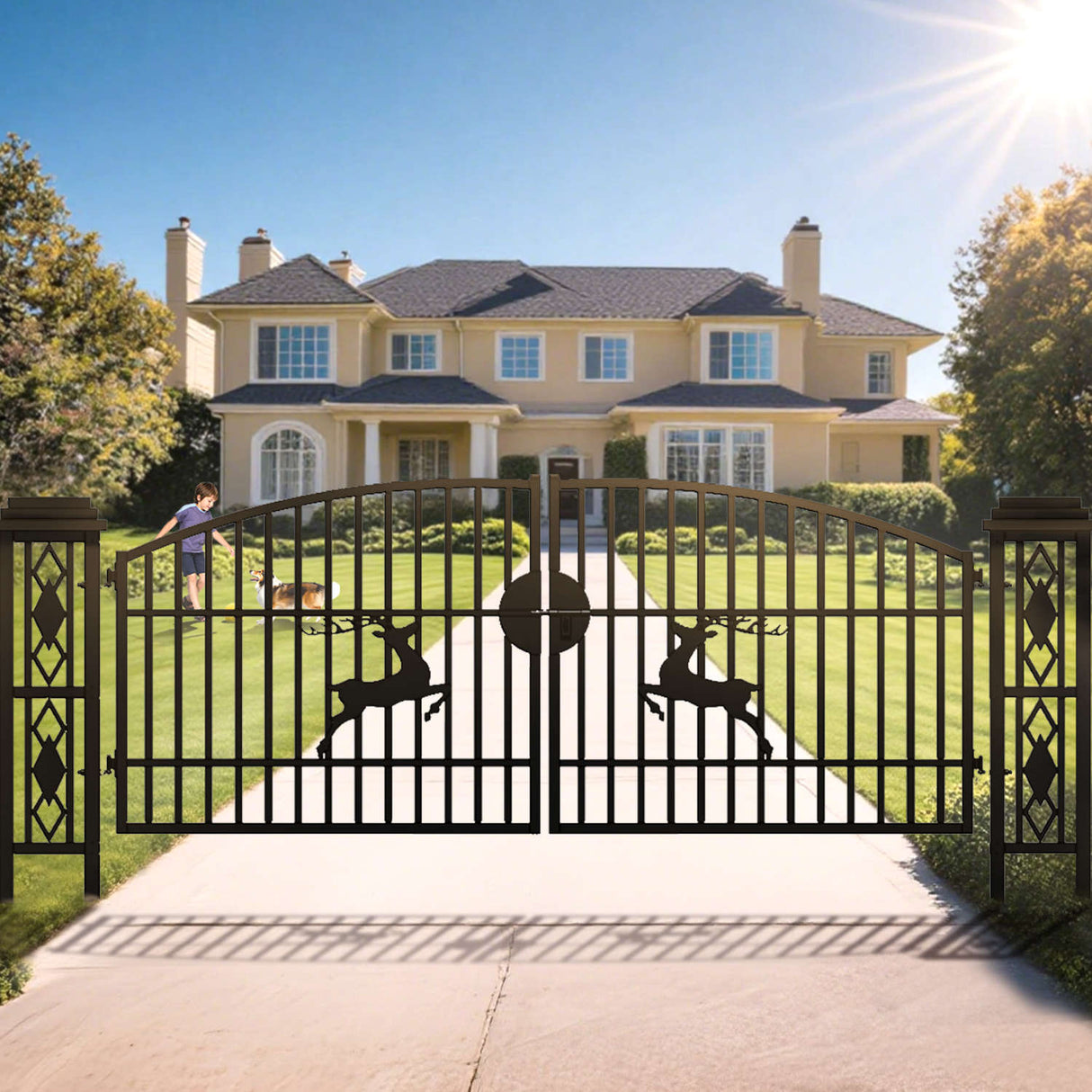 Chery Industrial 20x8 ft Dual Swing Driveway Gate with Ornamental Posts