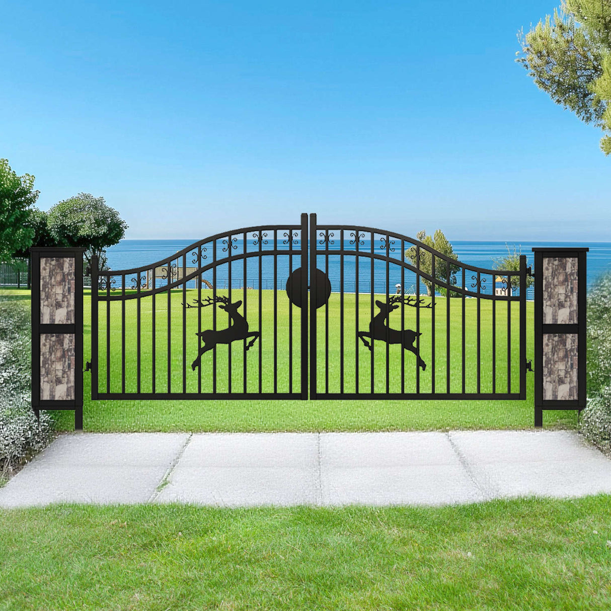 Chery Industrial 20x8 ft Dual Swing Driveway Gate with Ornamental Posts