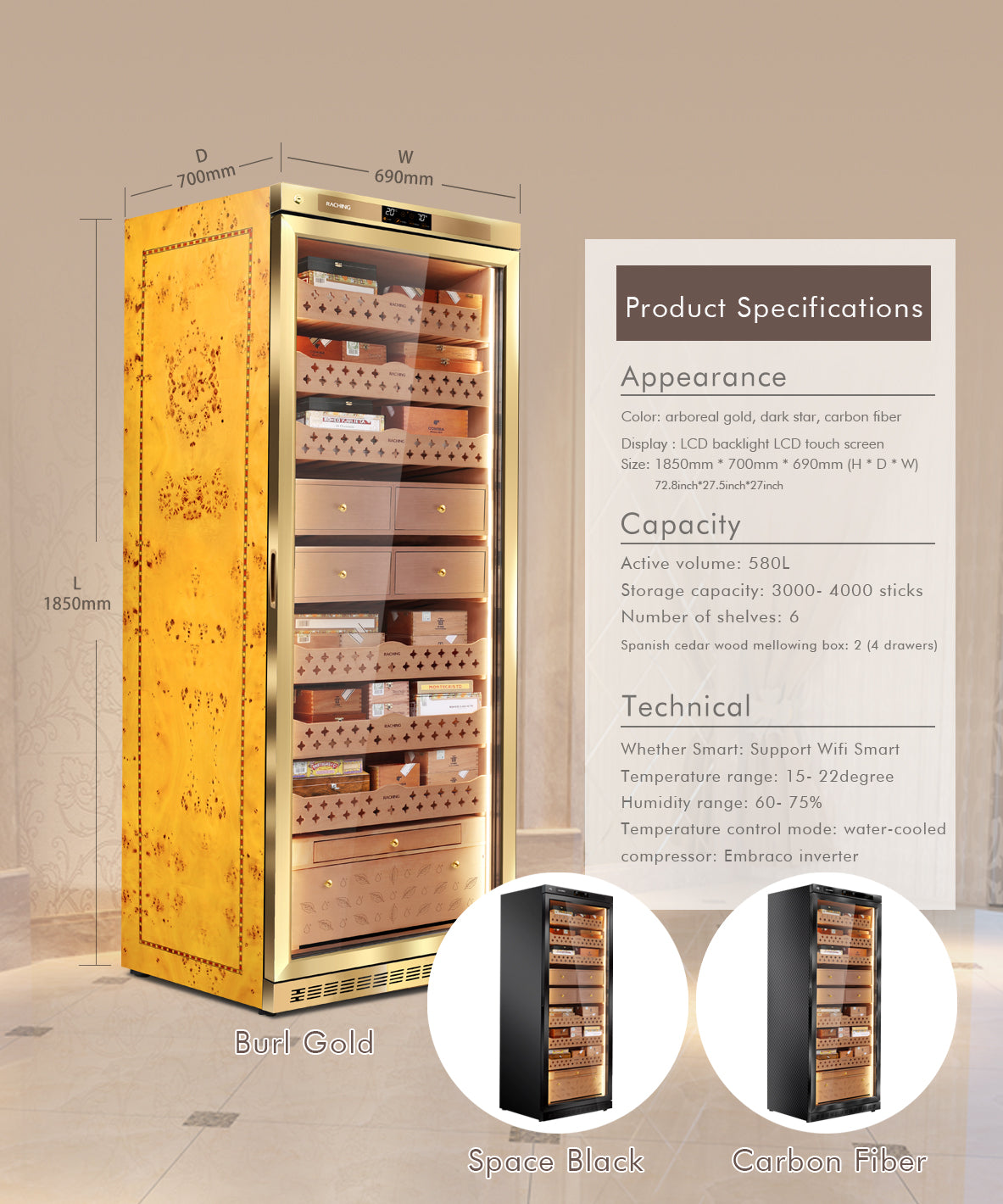 Raching MON5800A Premium Electronic Cigar Humidor with Ammonia Removal | 3000 Cigars
