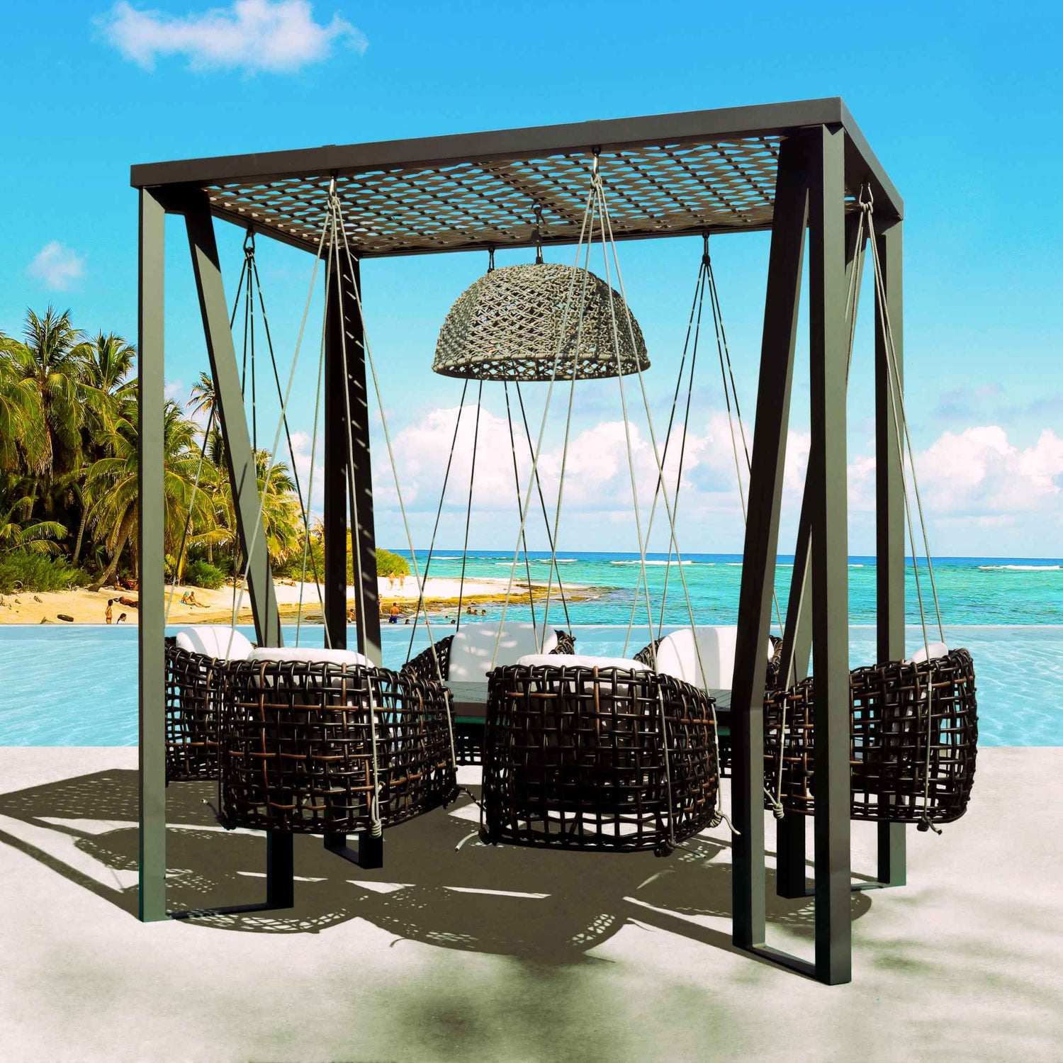 Skyline Design Horizon 8FT Pergola with Lamp, Dynasty Hanging Chairs & Aluminum Table