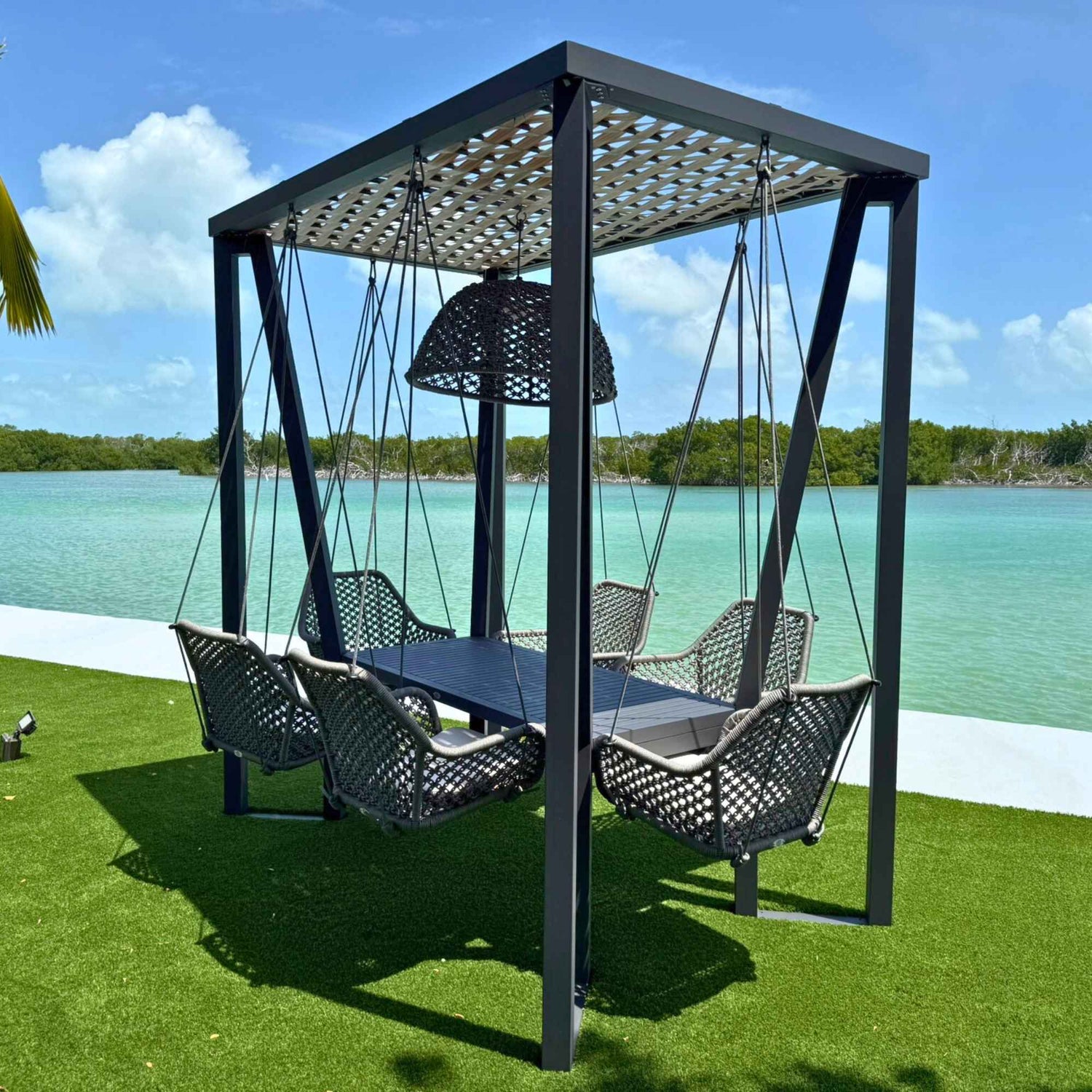 Skyline Design Horizon 8FT Pergola with Lamp, Moma Hanging Chairs & Aluminum Table
