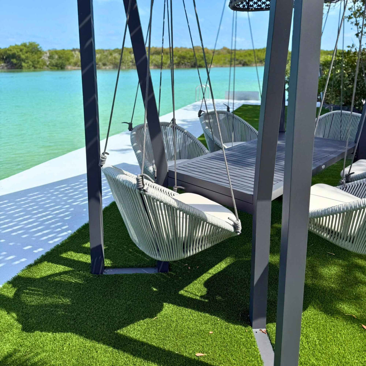 Skyline Design Horizon 8FT Pergola with Lamp, Rodona Hanging Chairs & Aluminum Table