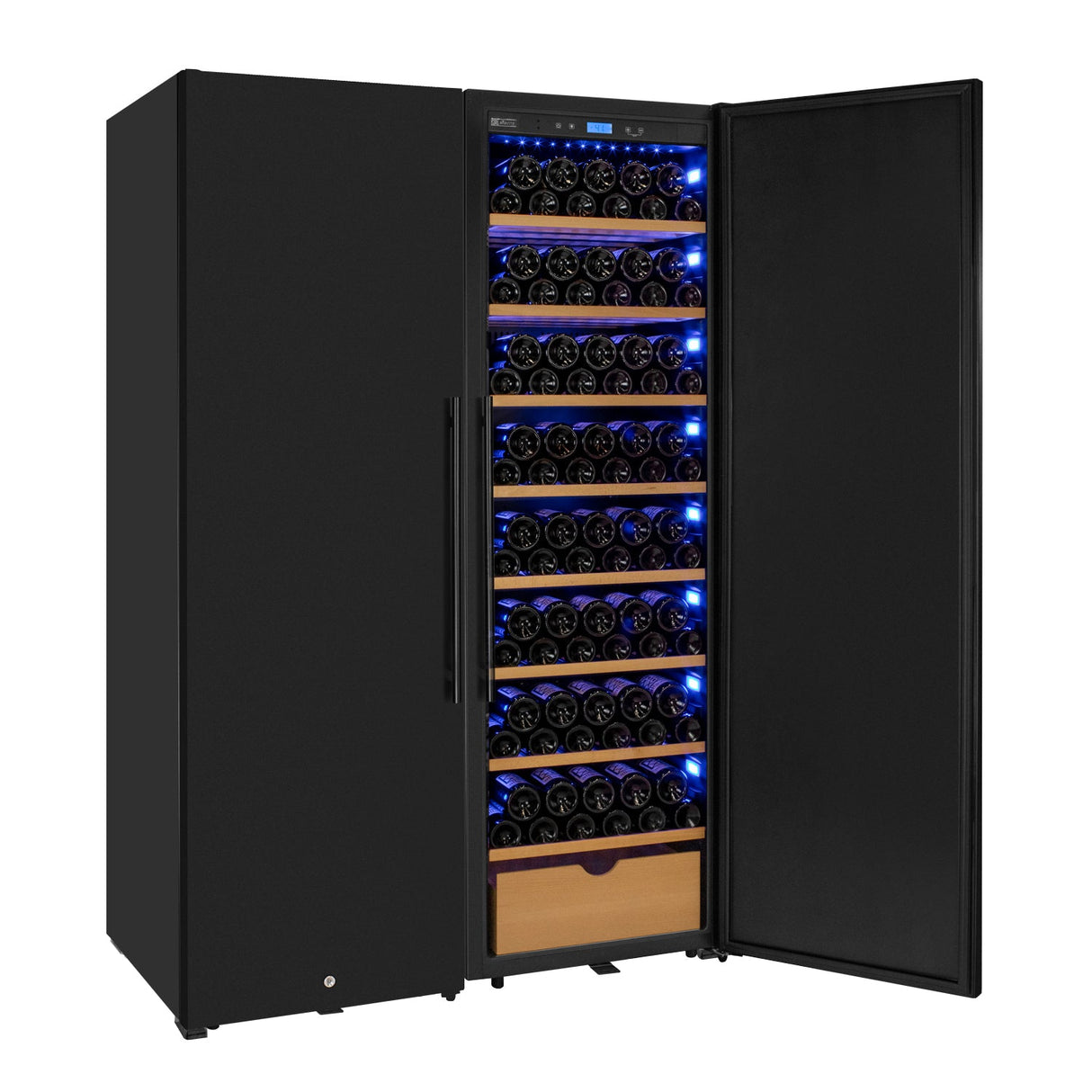 Allavino 76.5" Tall Side-by-Side Wine Vault with Solid Black Doors Dual Zone Wine Refrigerator