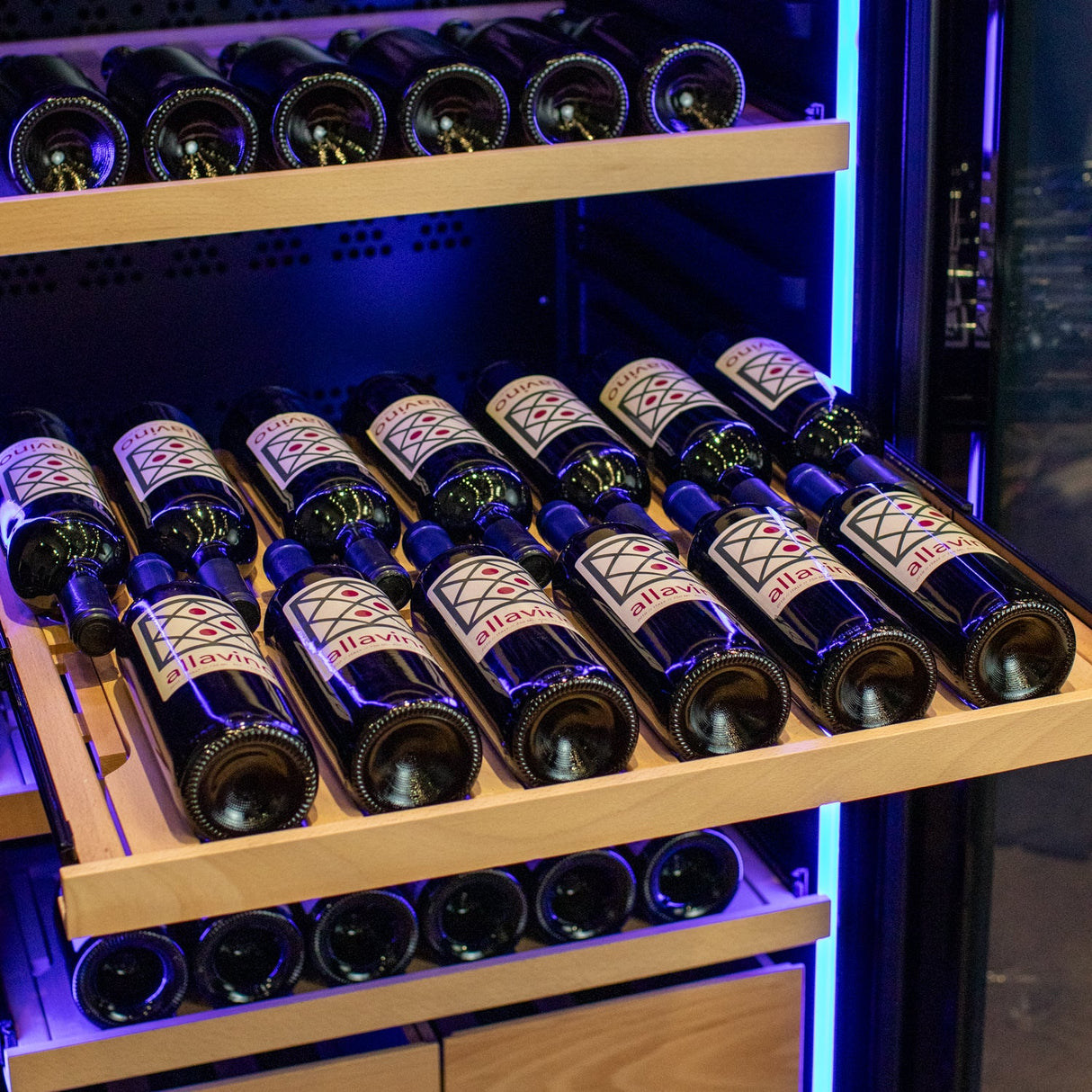 Allavino 496 Bottle Dual Zone Black Glass Side-by-Side Wine Refrigerator with Display Shelving