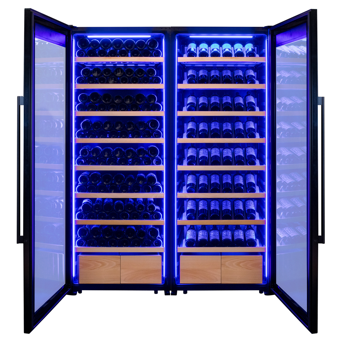 Allavino 496 Bottle Dual Zone Black Glass Side-by-Side Wine Refrigerator with Display Shelving
