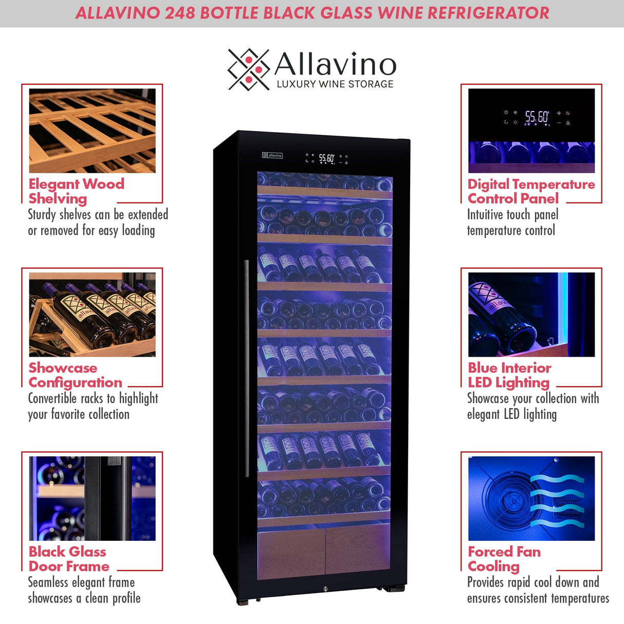 Allavino 496 Bottle Dual Zone Black Glass Side-by-Side Wine Refrigerator with Display Shelving