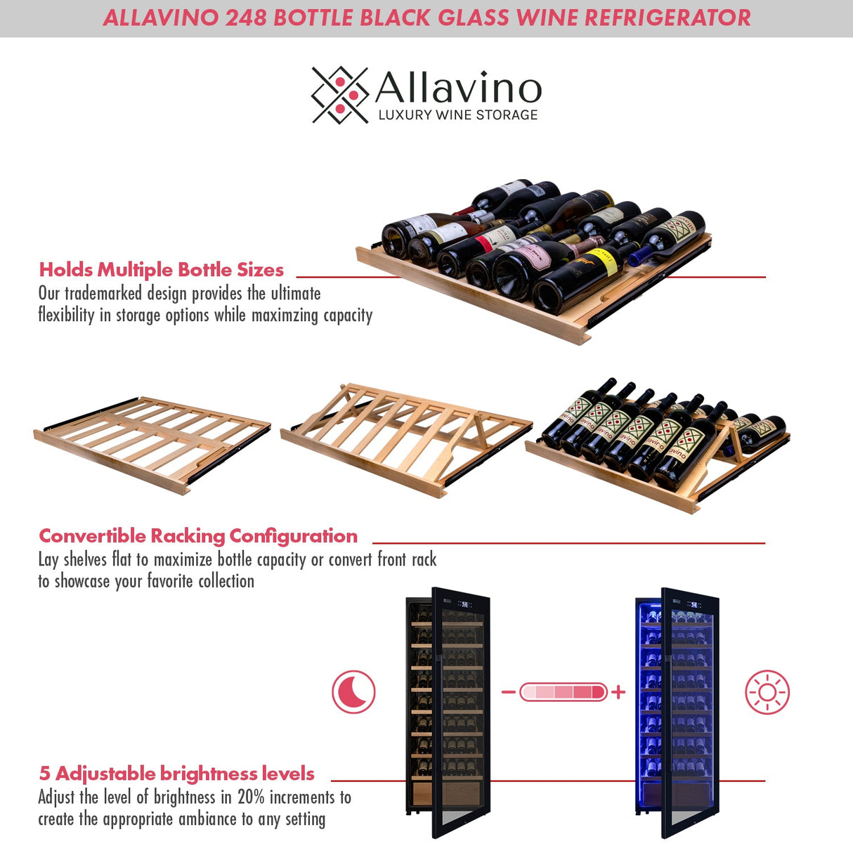Allavino 496 Bottle Dual Zone Black Glass Side-by-Side Wine Refrigerator with Display Shelving