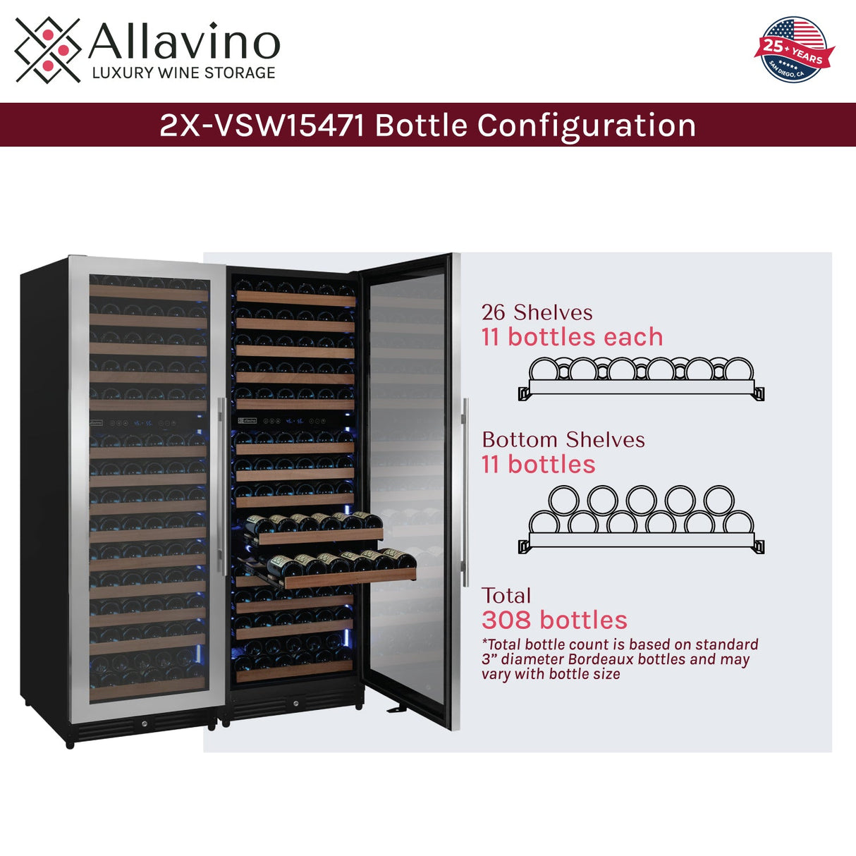 Allavino Reserva Series 308-Bottle 71″ Tall Four-Zone Stainless Steel Side-by-Side Wine Refrigerator 2X-VSW15471D-2S