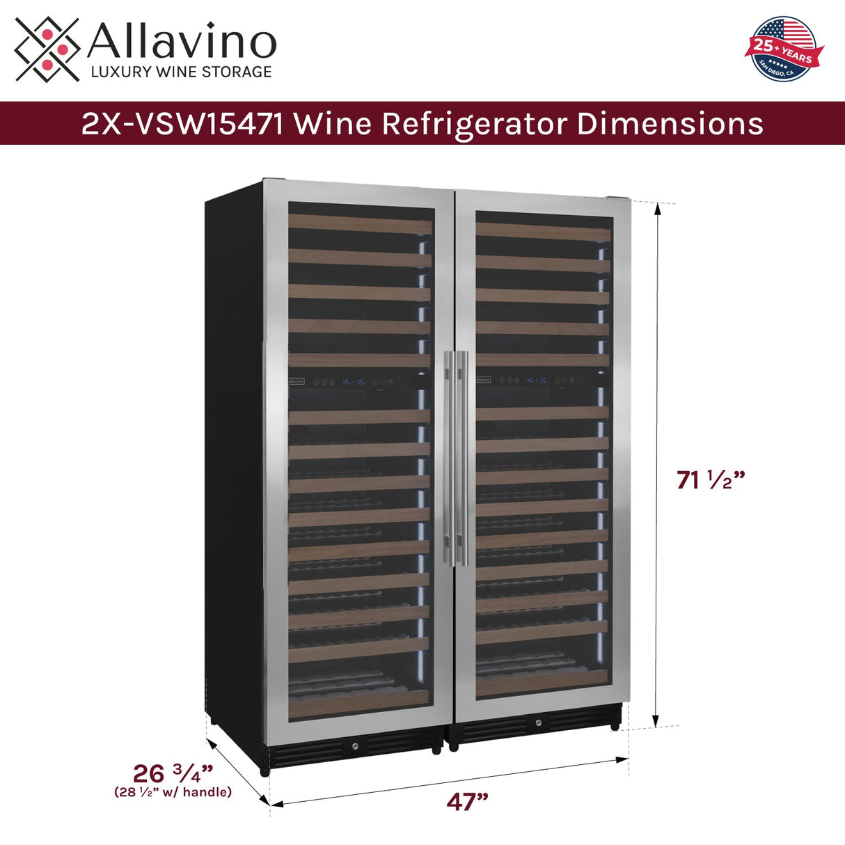 Allavino Reserva Series 308-Bottle 71″ Tall Four-Zone Stainless Steel Side-by-Side Wine Refrigerator 2X-VSW15471D-2S