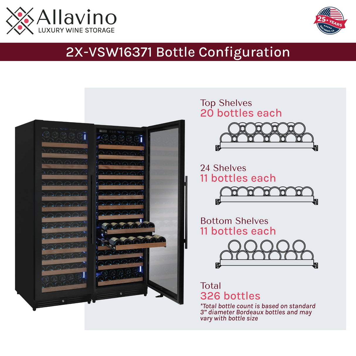 Allavino Reserva Series 326‑Bottle 71″ Tall Dual Zone Black Metal Side‑by‑Side Wine Refrigerator