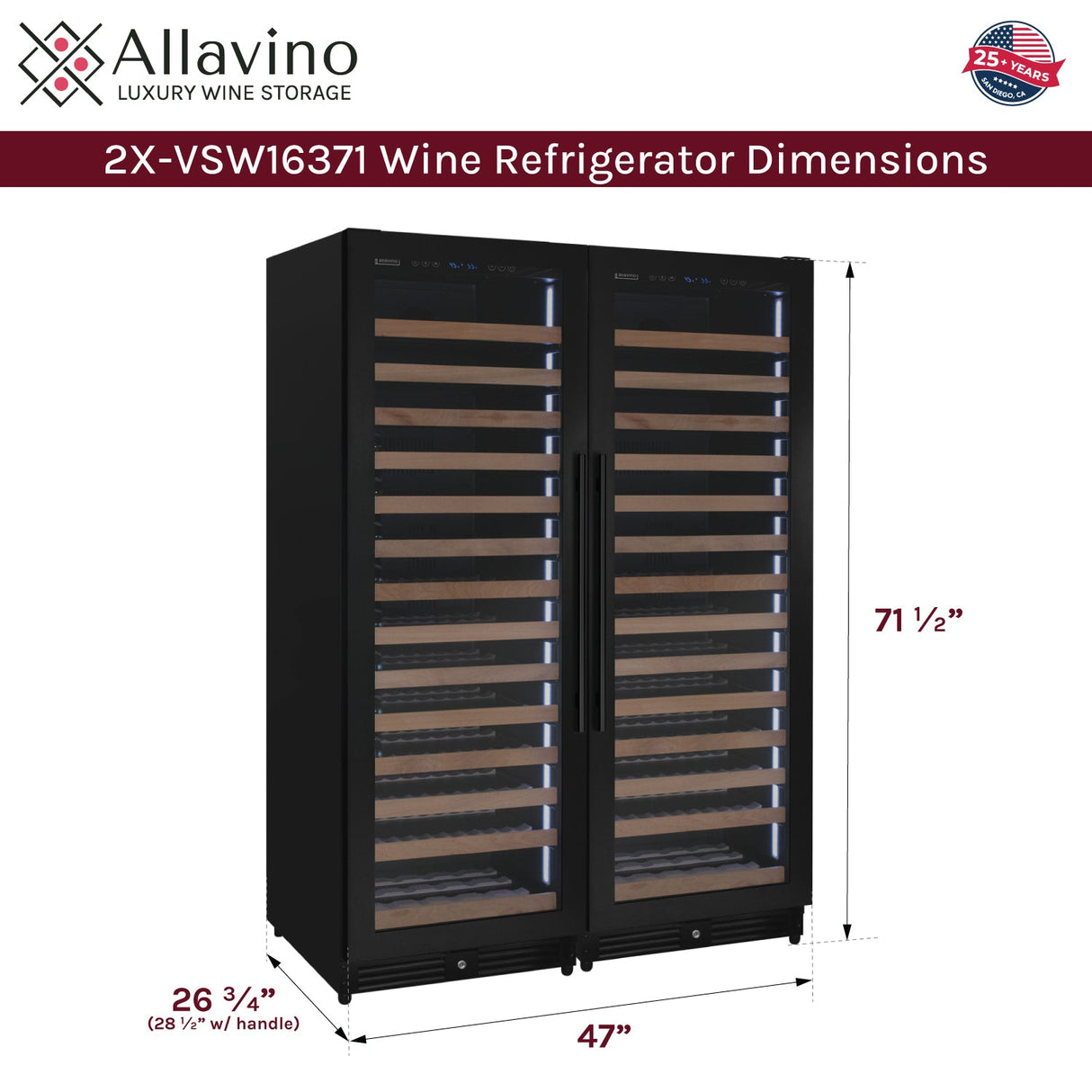 Allavino Reserva Series 326‑Bottle 71″ Tall Dual Zone Black Metal Side‑by‑Side Wine Refrigerator