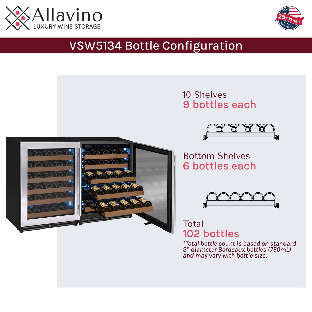 Allavino Reserva Series 102‑Bottle Dual Zone Built‑In Luxury Wine Refrigerator with Stainless Steel Doors Side‑by‑Side BF 2X‑VSW5134S‑1S