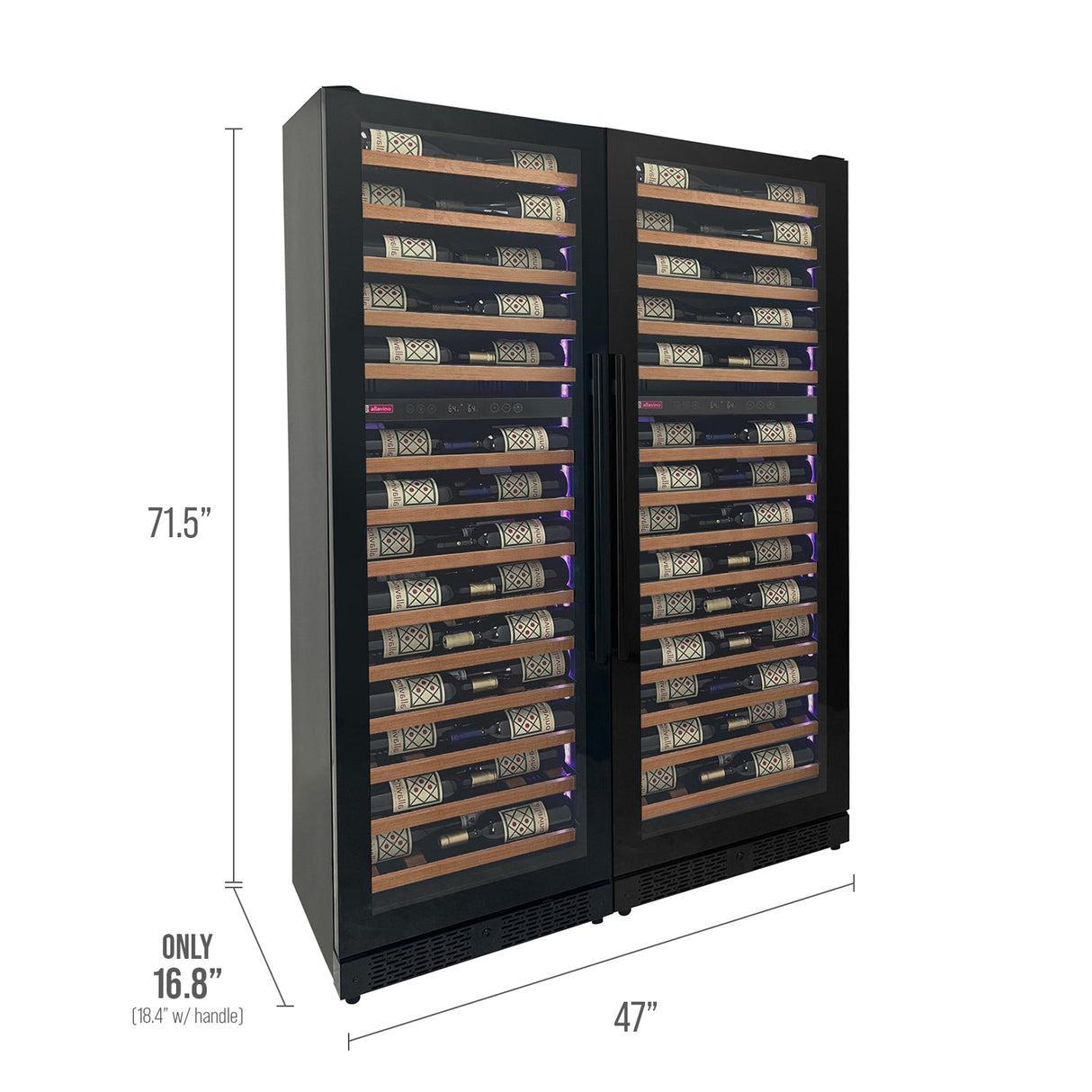 Allavino Reserva Series 134 Bottle 71" Tall Four Zone Black Side-by-Side Shallow Wine Refrigerator with Wood Front Shelves