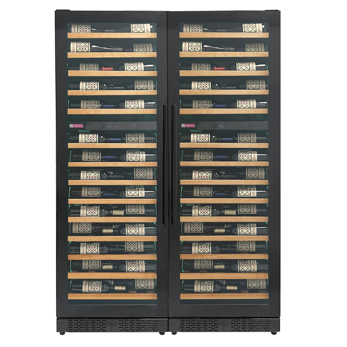 Allavino Reserva Series 134 Bottle 71" Tall Four Zone Black Side-by-Side Shallow Wine Refrigerator with Wood Front Shelves