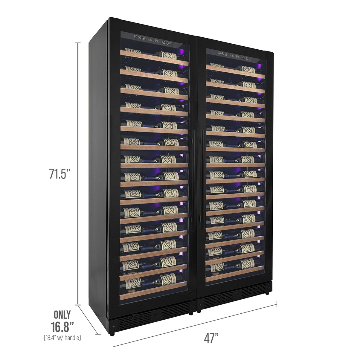Allavino Reserva Series 134 Bottle 71" Tall Dual Zone Black Side-by-Side Shallow Wine Refrigerator with Wood Front Shelves