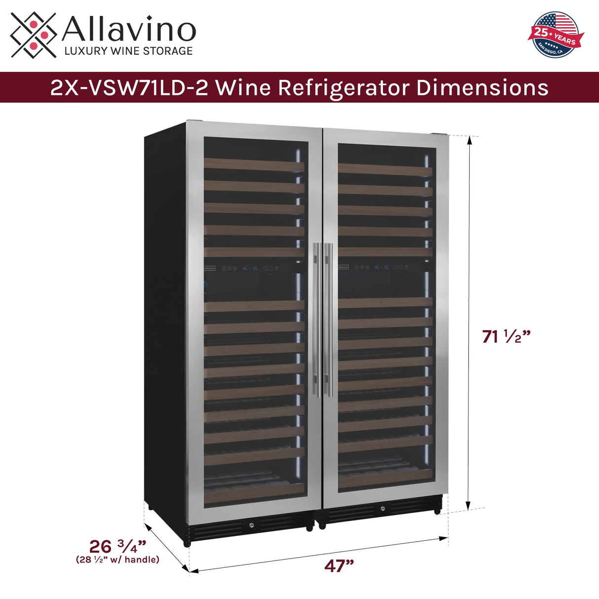 Allavino Reserva Series 344-Bottle 71″ Tall Four Zone Built-In Side-by-Side Wine Refrigerator with Stainless Steel Doors