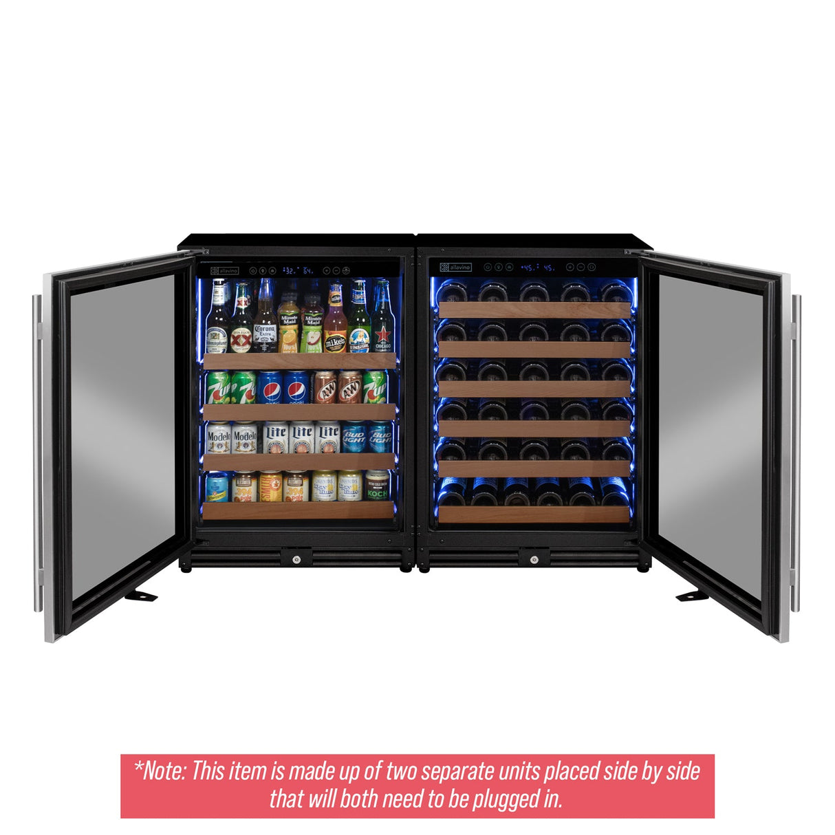 47" Wide Reserva Series 51 Bottle/124 Can Stainless Steel Side-by-Side Two Zone Wine Refrigerator/Beverage Center