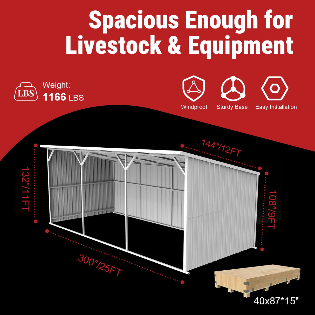 25FT × 12FT Metal Farm Shed Heavy‑Duty Steel Shelter for Driveway & Equipment