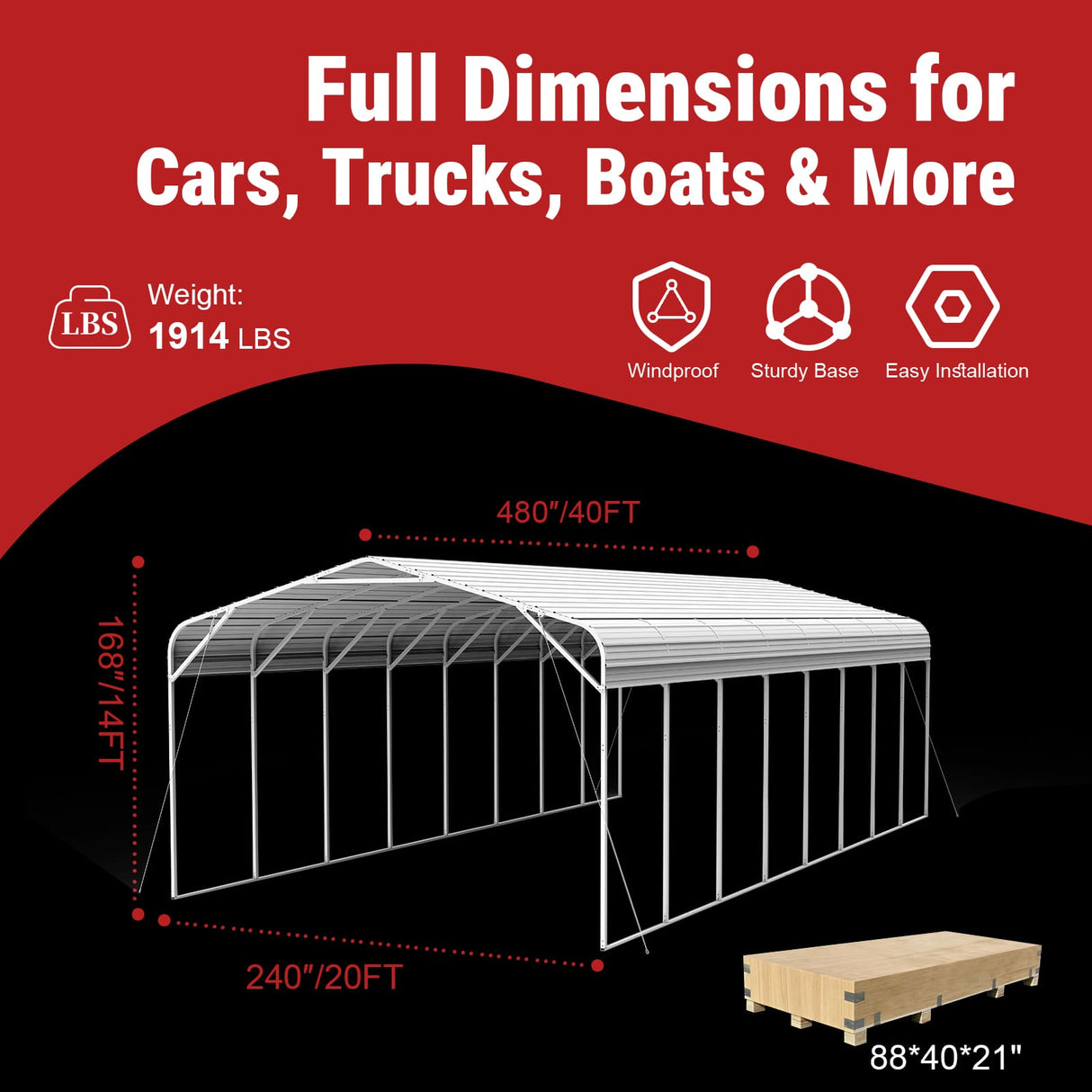 40FT × 20FT Metal Carport Garage Weatherproof Steel Vehicle Shelter