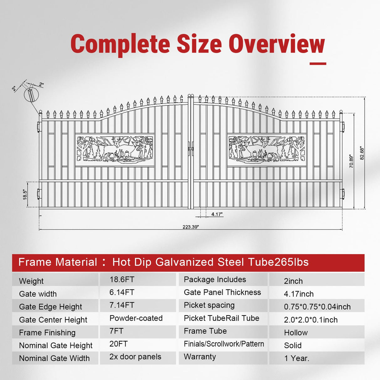 20FT × 7FT Double Wrought Iron Gate Decorative Deer Artwork Driveway Gate