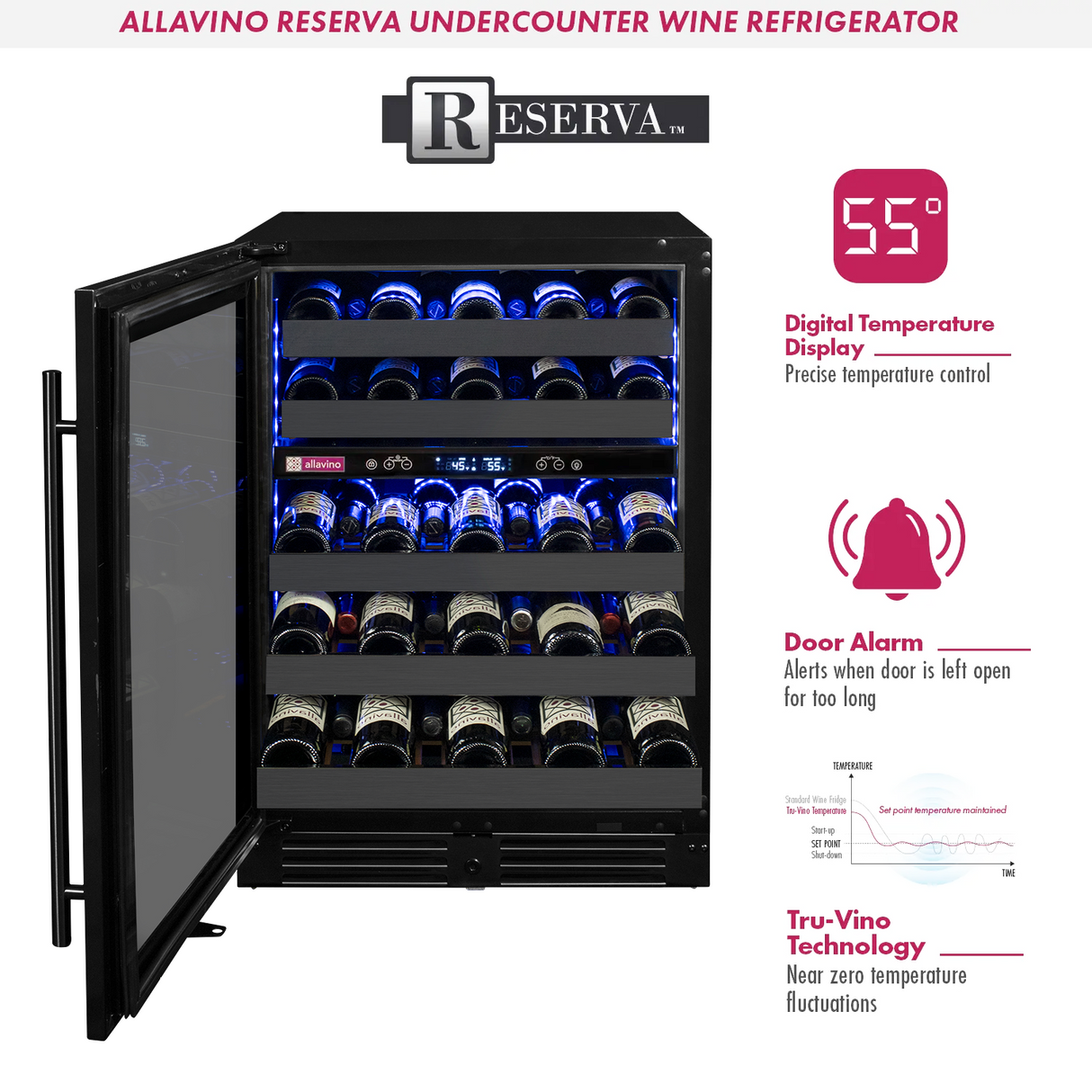 Allavino Reserva Series 50″ 34″ Tall Dual Zone Left Hinge Black Stainless Steel Wine Cooler Refrigerator