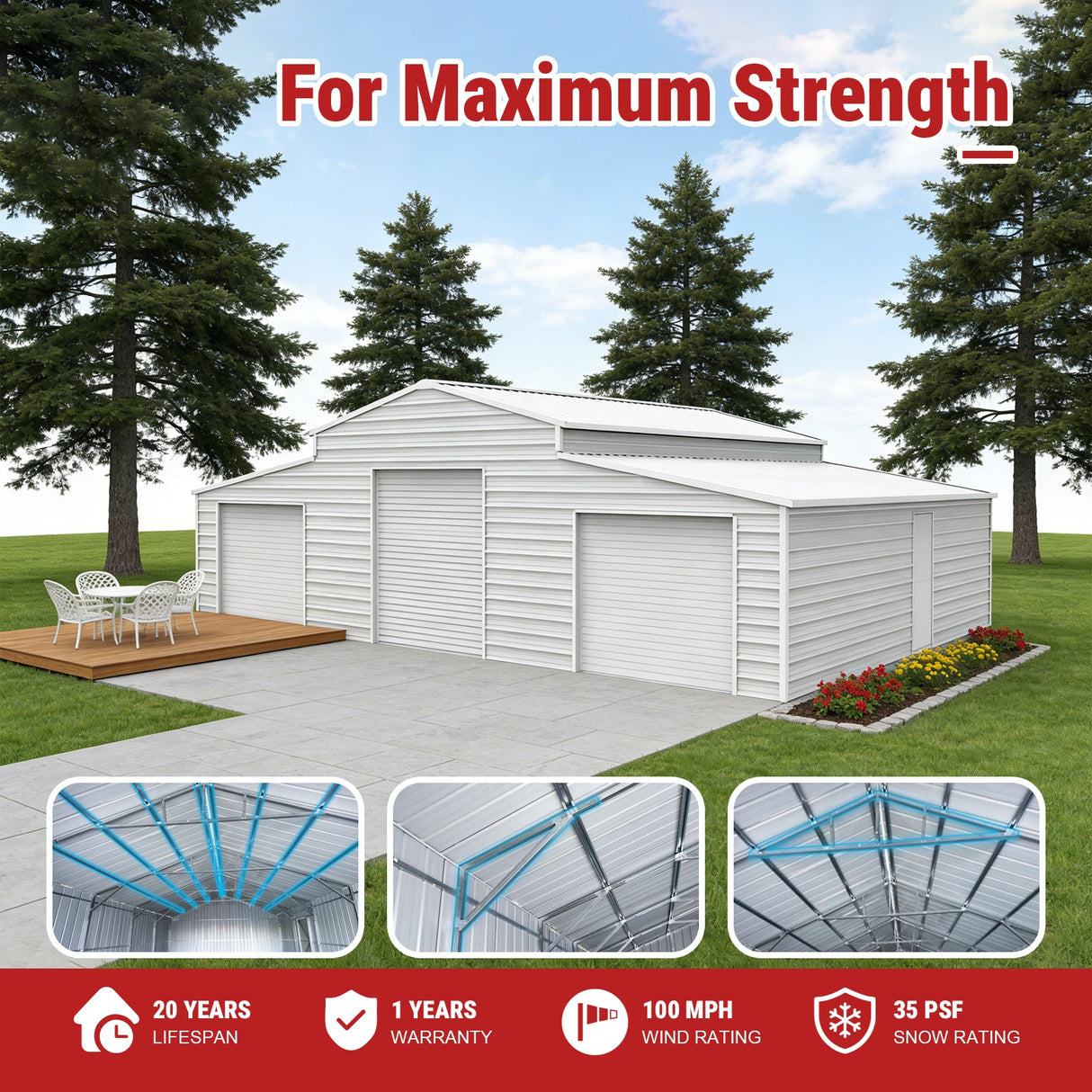 42FT × 30FT × 13FT Heavy-Duty Metal Storage Shed for Home & Farm With 3 Roll Up Doors