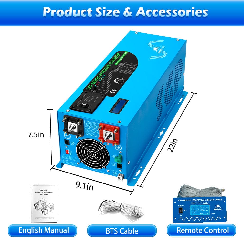 SunGoldPower 3000W Peak 9000W DC 12V Pure Sine Wave Inverter with Charger