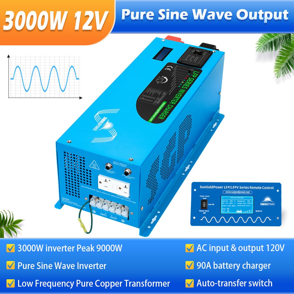 SunGoldPower 3000W Peak 9000W DC 12V Pure Sine Wave Inverter with Charger