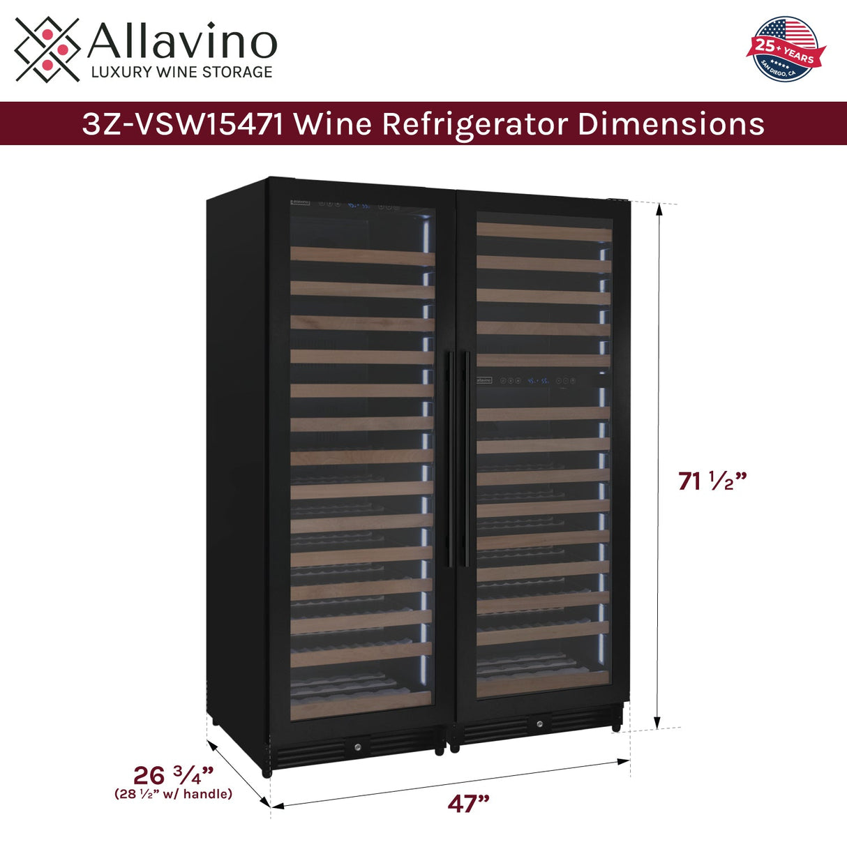 Allavino Reserva Series 317-Bottle Three Zone Tall Side-by-Side Wine Refrigerator with Black Metal Doors