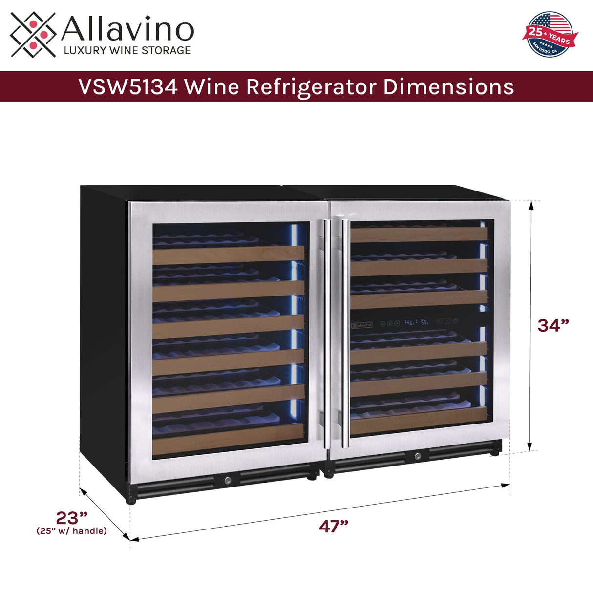 Allavino Reserva Series 102‑Bottle Three‑Zone Undercounter Wine Refrigerator Cooler with Stainless Steel Doors Side‑by‑Side 3Z‑VSW5134‑S