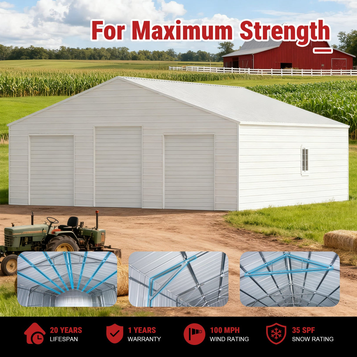 39FT × 39FT Metal Barn Heavy-Duty Steel Building with 3 Rolling Doors