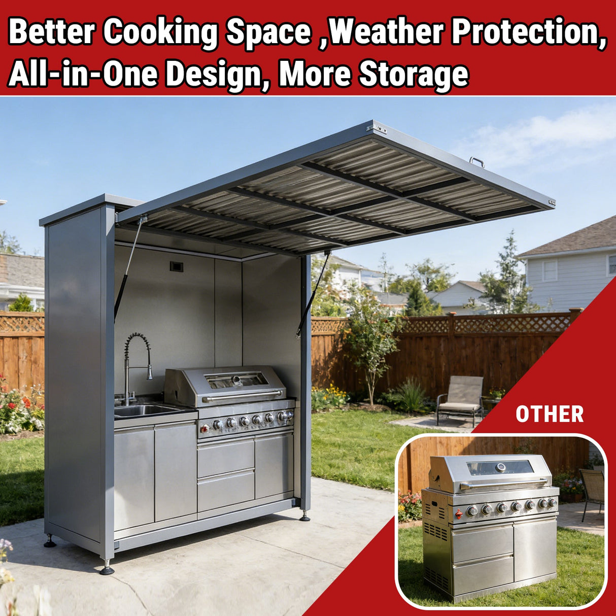 Outdoor Kitchen Station Gas Grill Stainless Steel Built-In Sink Rotisserie