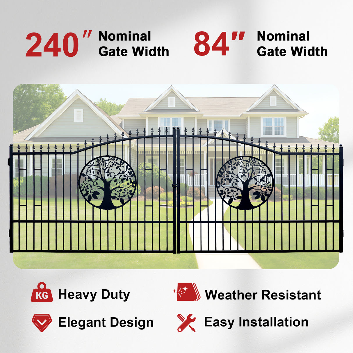 20FT Double Swing Steel Driveway Gate with Tree of Life Design