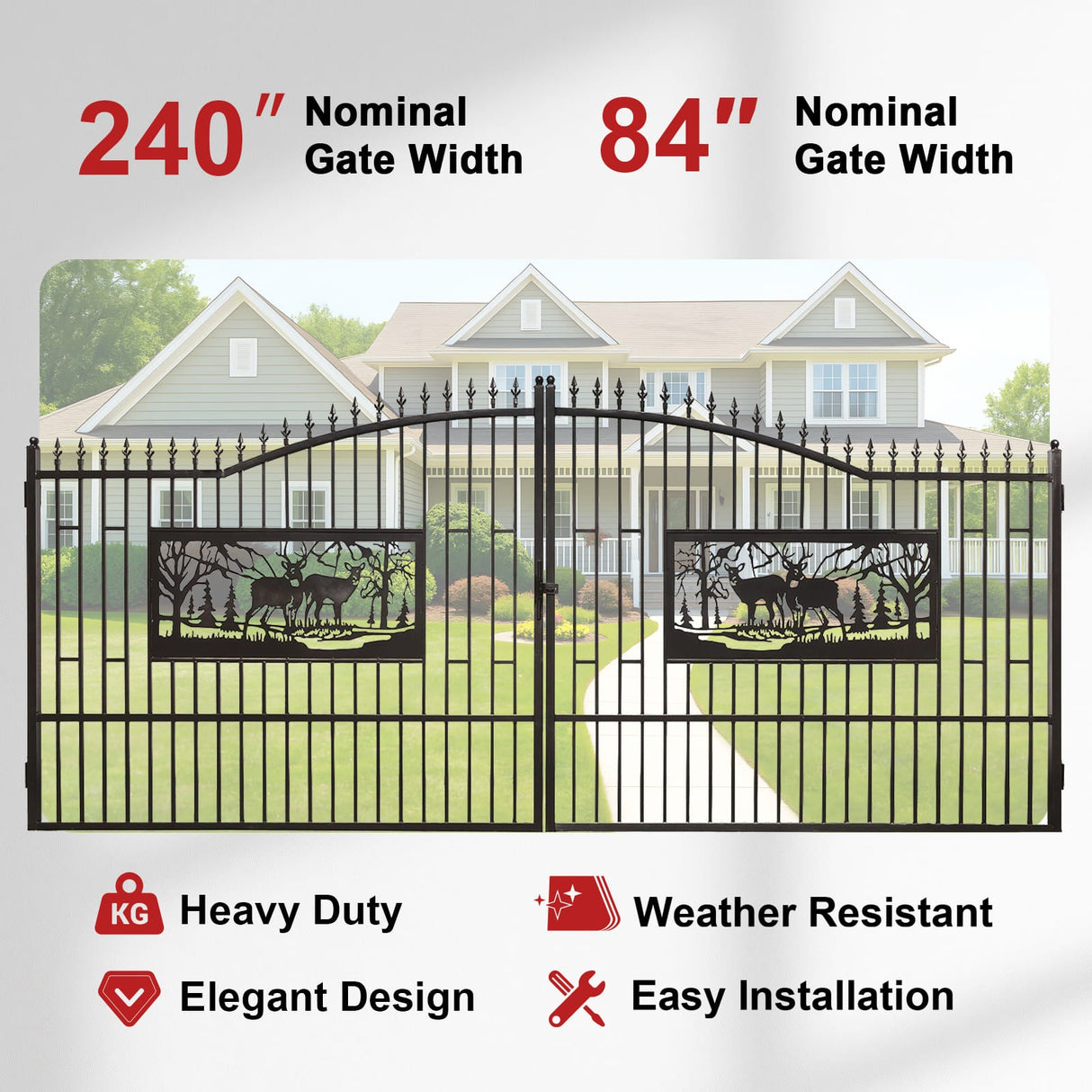 20FT × 7FT Double Wrought Iron Gate Decorative Deer Artwork Driveway Gate