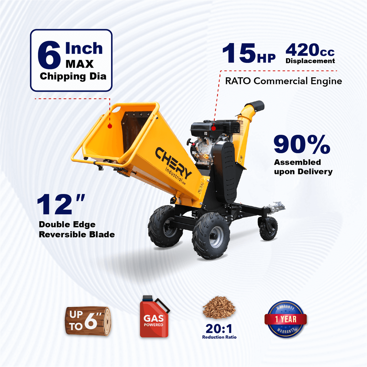 6" 15 HP 420cc Gas Powered Wood Chipper